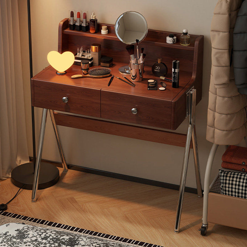 Contemporary Retro Rectangular Rubberwood Stainless Steel Makeup Vanity 2-Drawer For Bedroom