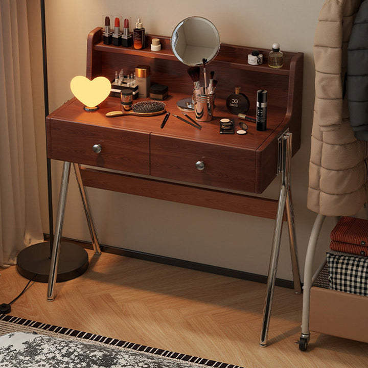 Contemporary Retro Rectangular Rubberwood Stainless Steel Makeup Vanity 2-Drawer For Bedroom