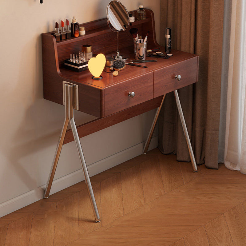 Contemporary Retro Rectangular Rubberwood Stainless Steel Makeup Vanity 2-Drawer For Bedroom
