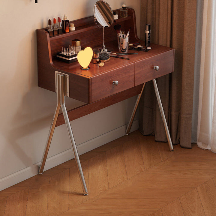 Contemporary Retro Rectangular Rubberwood Stainless Steel Makeup Vanity 2-Drawer For Bedroom