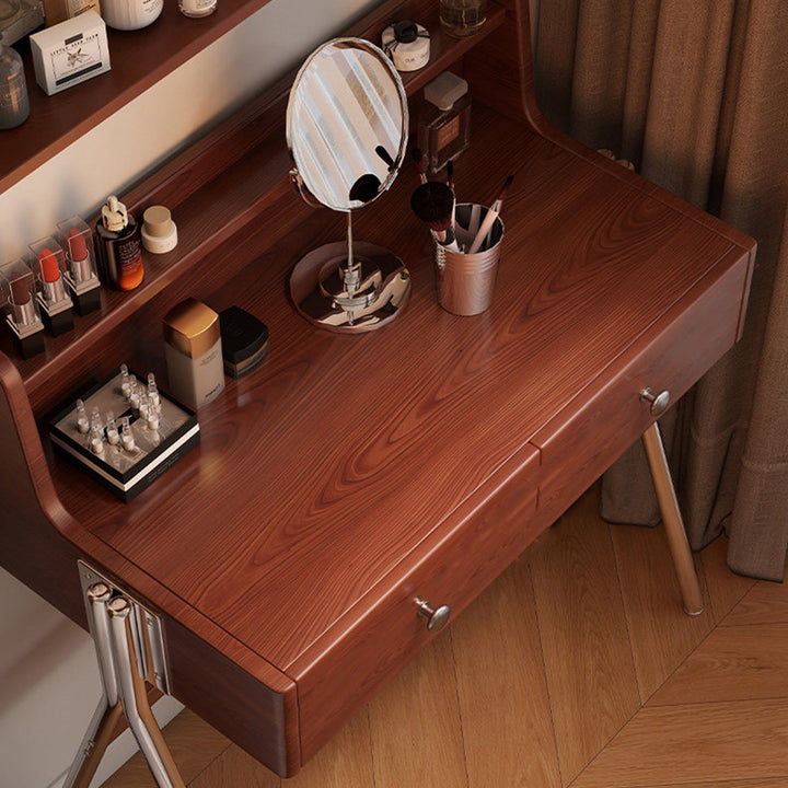 Contemporary Retro Rectangular Rubberwood Stainless Steel Makeup Vanity 2-Drawer For Bedroom