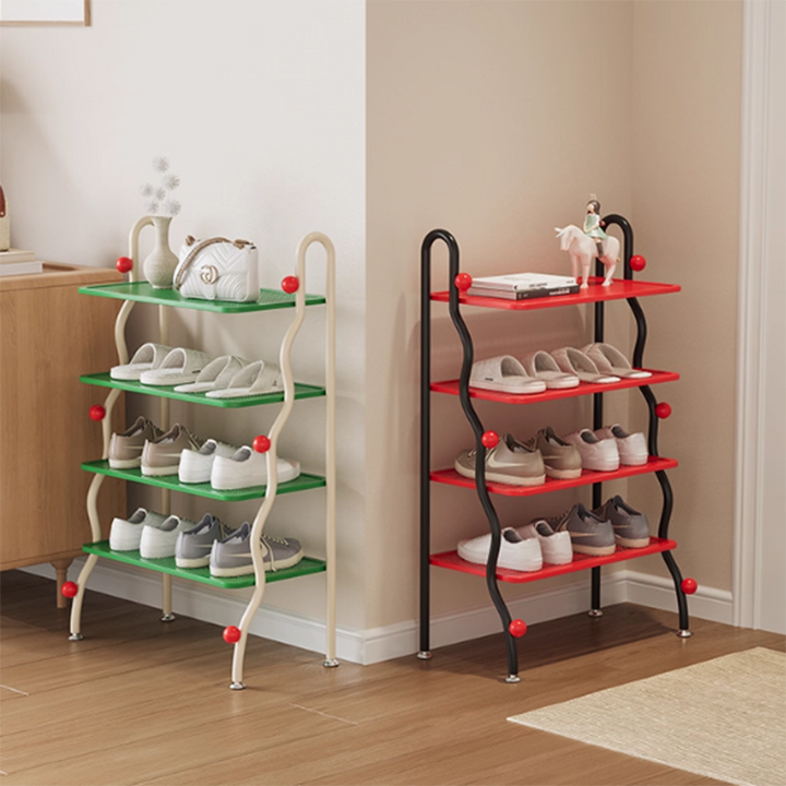 Modern Minimalist Wavy Rectangular Iron Hollow-Carved Design Shoe Storage Rack 4-Tiers For Entryway &amp; Hallway
