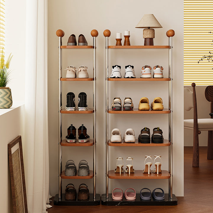 Traditionelles Vintage-Rechteckiges Robustes Massivholz Edelstahl Marmor Langlebiges Schuhregal mit 6 Ablagen für Eingang & Flur 