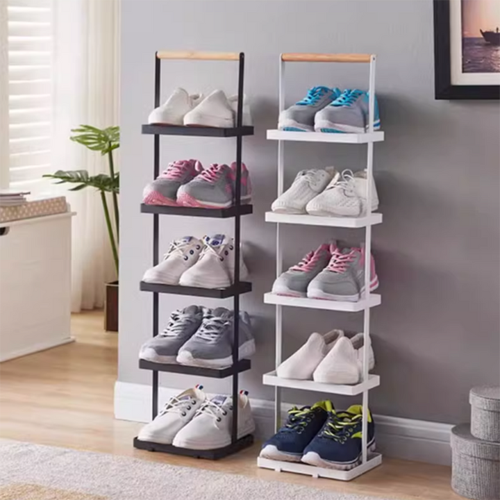 Moderner minimalistischer rechteckiger Eisen-Holz-Schmaler Schuhregal mit 5/6-Fächern für Eingangsbereich & Flur 