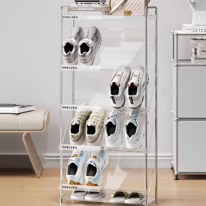 Moderner minimalistischer schlanker rechteckiger Schuhregal aus Kunststoff und Edelstahl mit geneigtem Design, 4/5/6-stufig für den Flur 