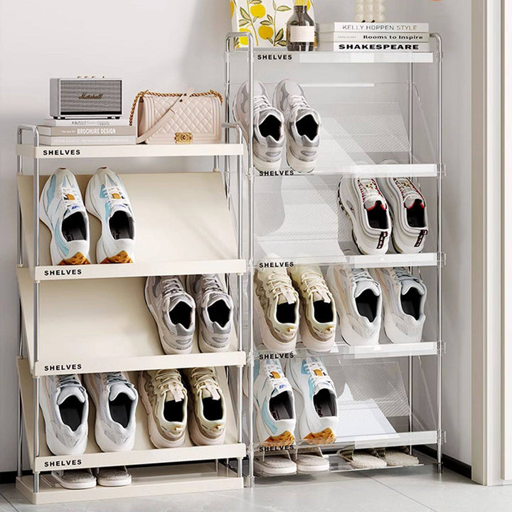Moderner minimalistischer schlanker rechteckiger Schuhregal aus Kunststoff und Edelstahl mit geneigtem Design, 4/5/6-stufig für den Flur 