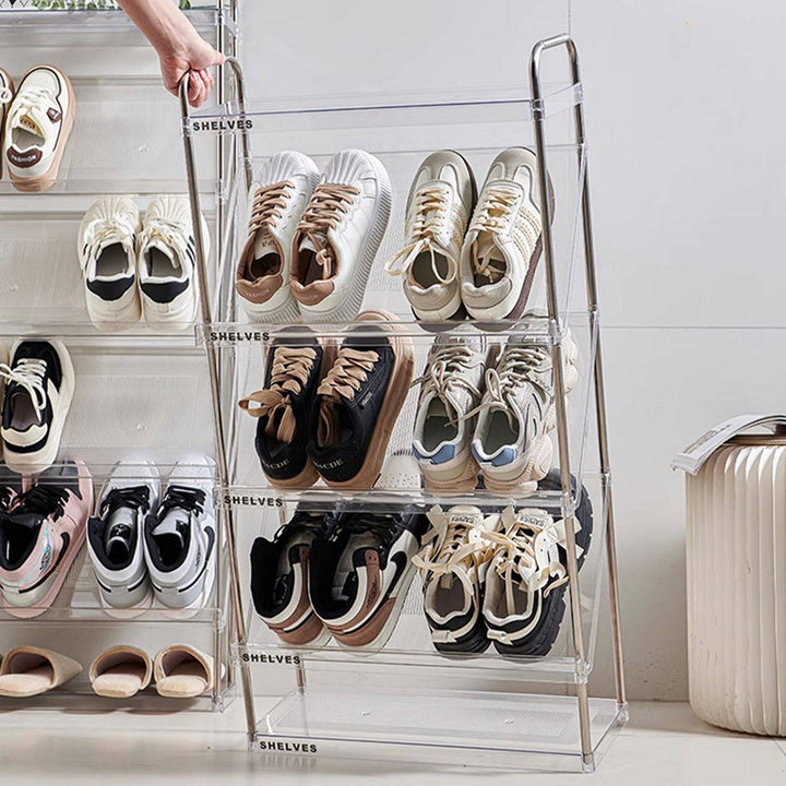 Moderner minimalistischer schlanker rechteckiger Schuhregal aus Kunststoff und Edelstahl mit geneigtem Design, 4/5/6-stufig für den Flur 