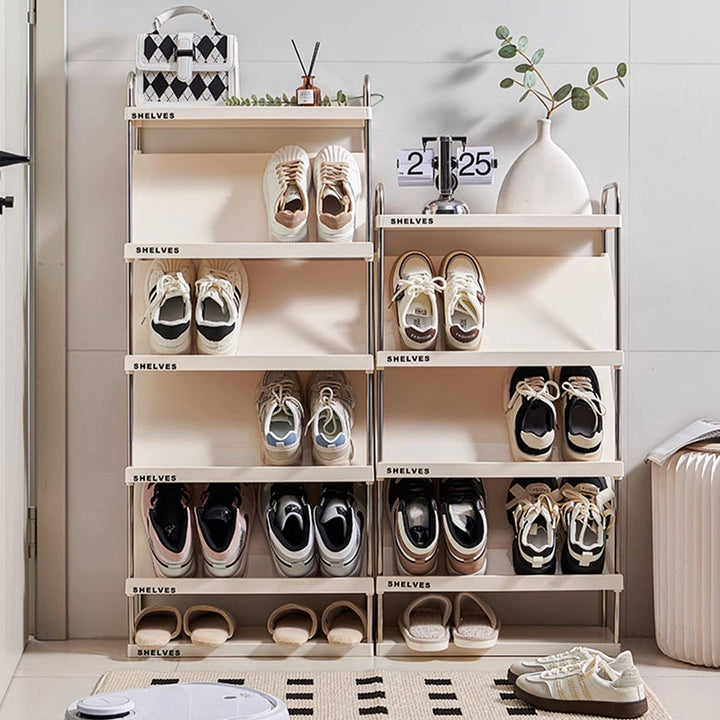 Moderner minimalistischer schlanker rechteckiger Schuhregal aus Kunststoff und Edelstahl mit geneigtem Design, 4/5/6-stufig für den Flur 