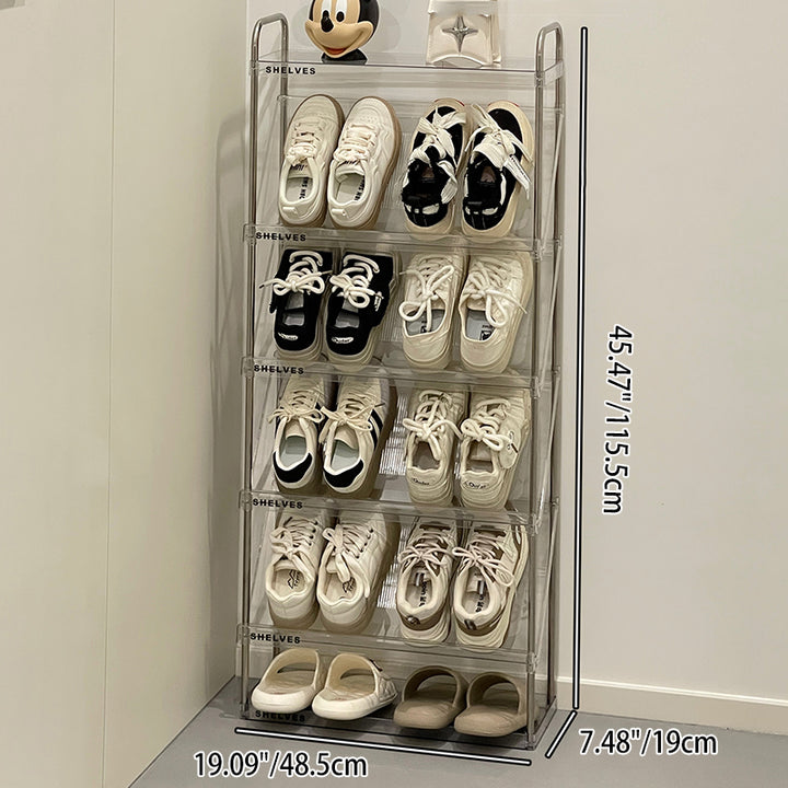 Moderner minimalistischer schlanker rechteckiger Schuhregal aus Kunststoff und Edelstahl mit geneigtem Design, 4/5/6-stufig für den Flur 