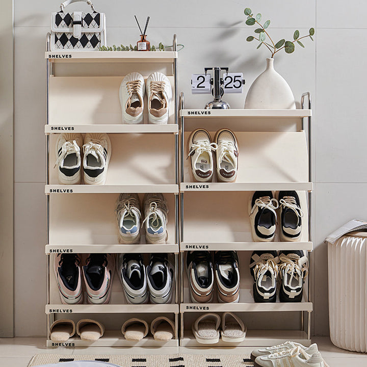 Moderner minimalistischer schlanker rechteckiger Schuhregal aus Kunststoff und Edelstahl mit geneigtem Design, 4/5/6-stufig für den Flur 