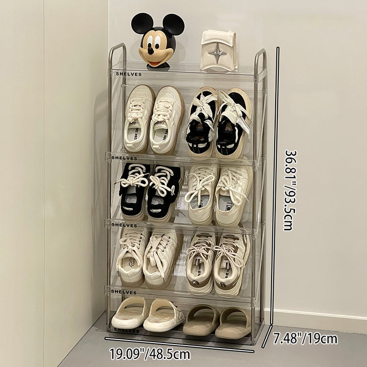 Moderner minimalistischer schlanker rechteckiger Schuhregal aus Kunststoff und Edelstahl mit geneigtem Design, 4/5/6-stufig für den Flur 