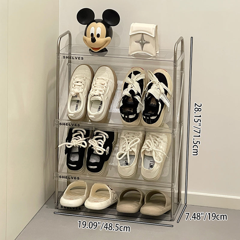 Moderner minimalistischer schlanker rechteckiger Schuhregal aus Kunststoff und Edelstahl mit geneigtem Design, 4/5/6-stufig für den Flur 