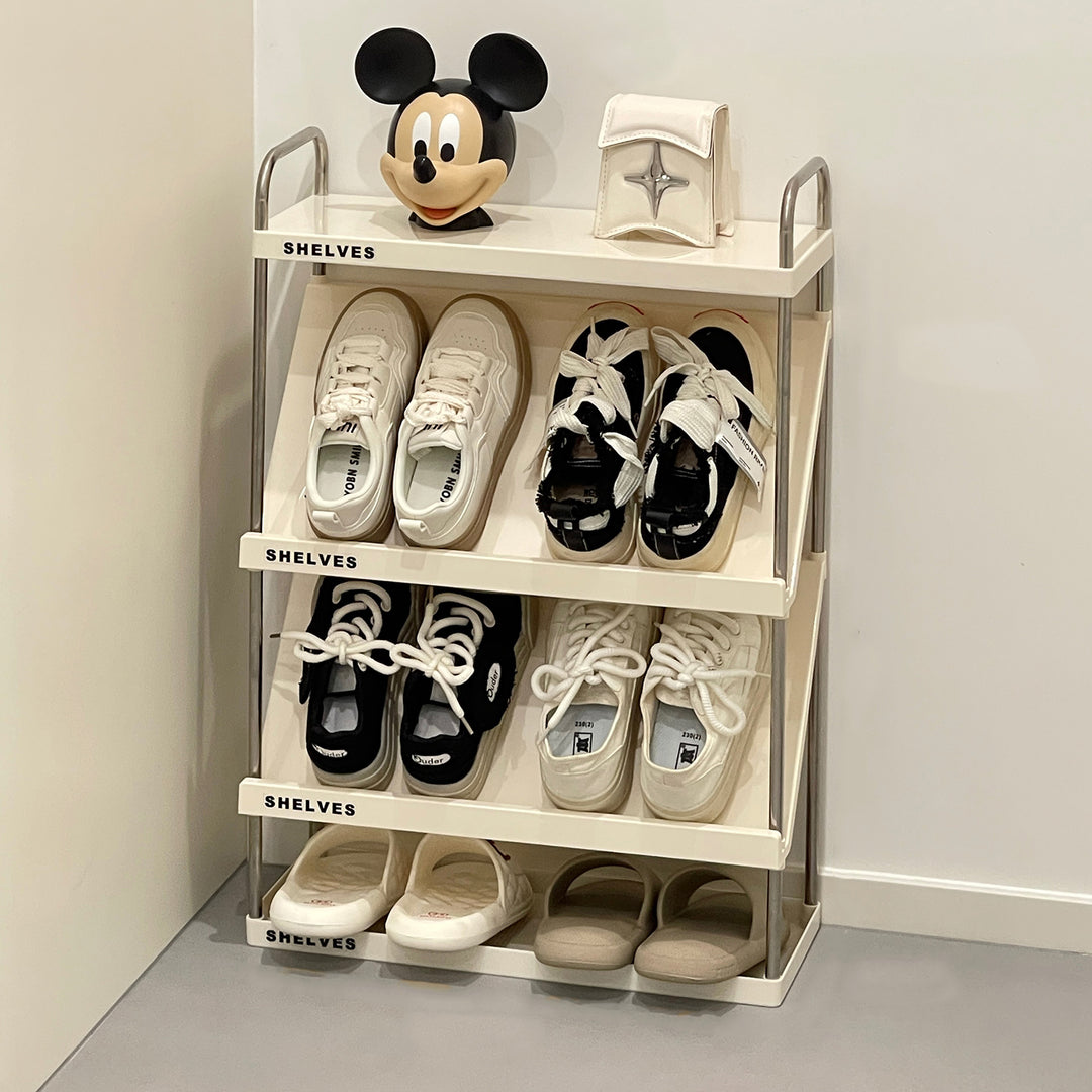 Moderner minimalistischer schlanker rechteckiger Schuhregal aus Kunststoff und Edelstahl mit geneigtem Design, 4/5/6-stufig für den Flur 