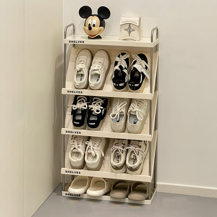 Moderner minimalistischer schlanker rechteckiger Schuhregal aus Kunststoff und Edelstahl mit geneigtem Design, 4/5/6-stufig für den Flur 