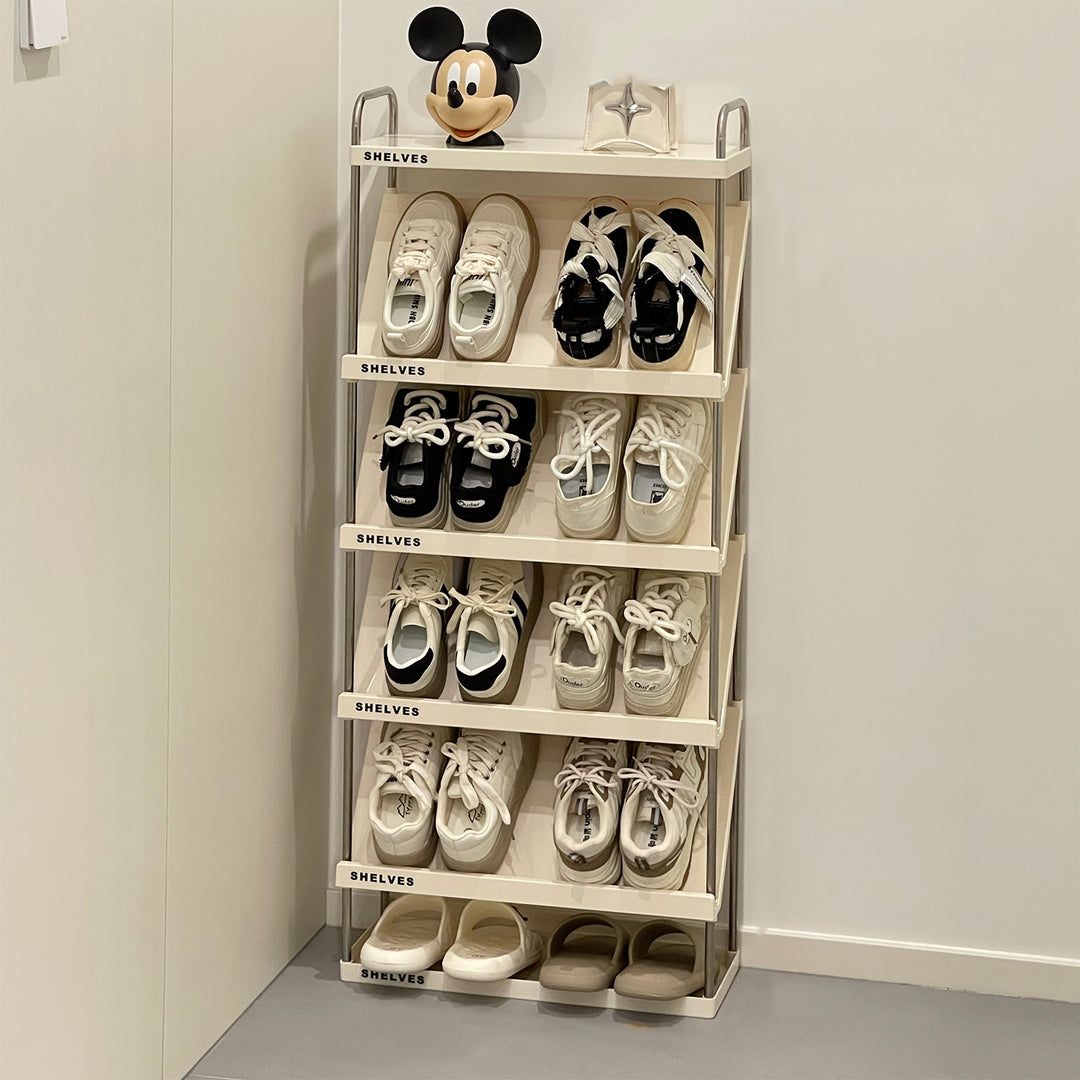 Moderner minimalistischer schlanker rechteckiger Schuhregal aus Kunststoff und Edelstahl mit geneigtem Design, 4/5/6-stufig für den Flur 