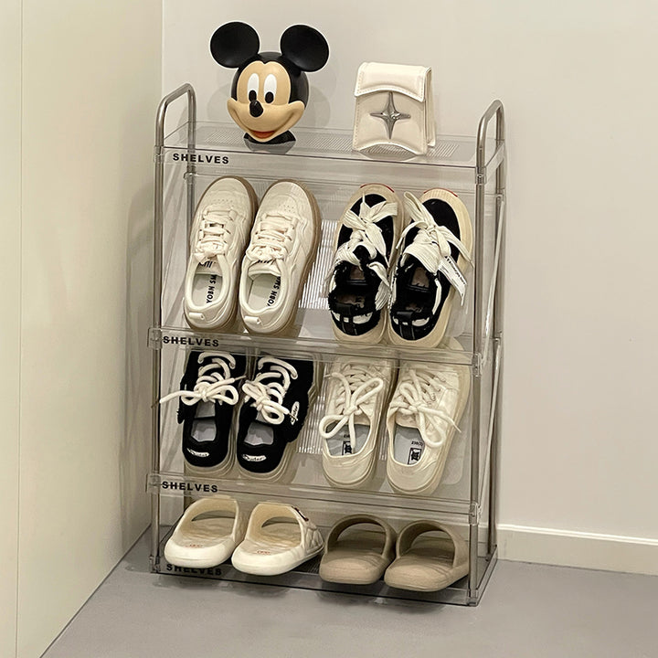 Moderner minimalistischer schlanker rechteckiger Schuhregal aus Kunststoff und Edelstahl mit geneigtem Design, 4/5/6-stufig für den Flur 