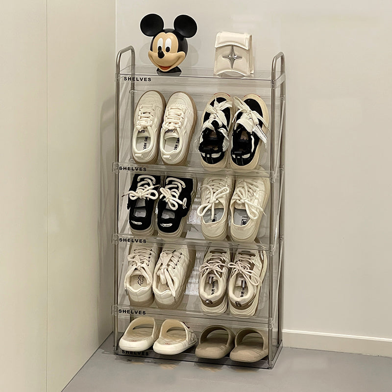 Moderner minimalistischer schlanker rechteckiger Schuhregal aus Kunststoff und Edelstahl mit geneigtem Design, 4/5/6-stufig für den Flur 