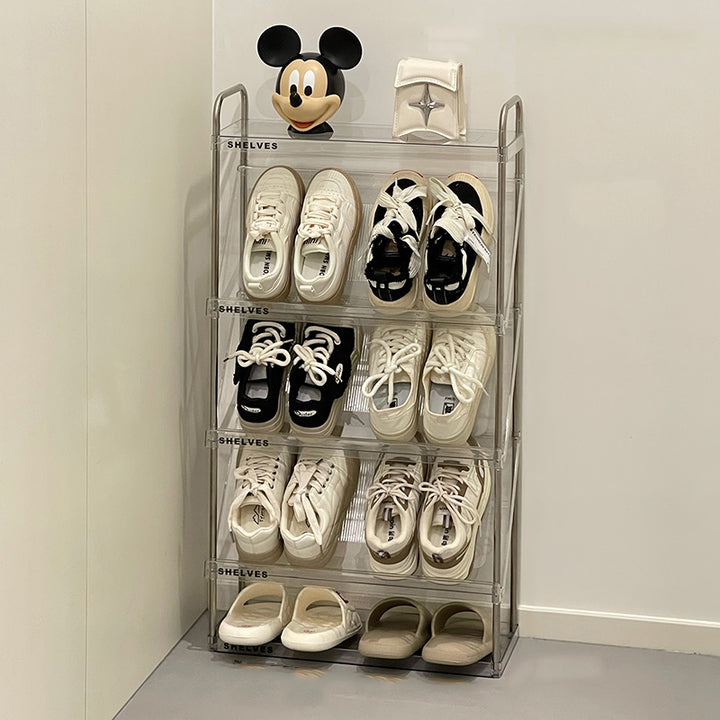 Moderner minimalistischer schlanker rechteckiger Schuhregal aus Kunststoff und Edelstahl mit geneigtem Design, 4/5/6-stufig für den Flur 