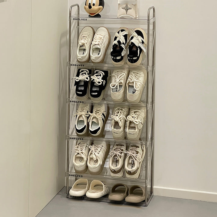 Moderner minimalistischer schlanker rechteckiger Schuhregal aus Kunststoff und Edelstahl mit geneigtem Design, 4/5/6-stufig für den Flur 