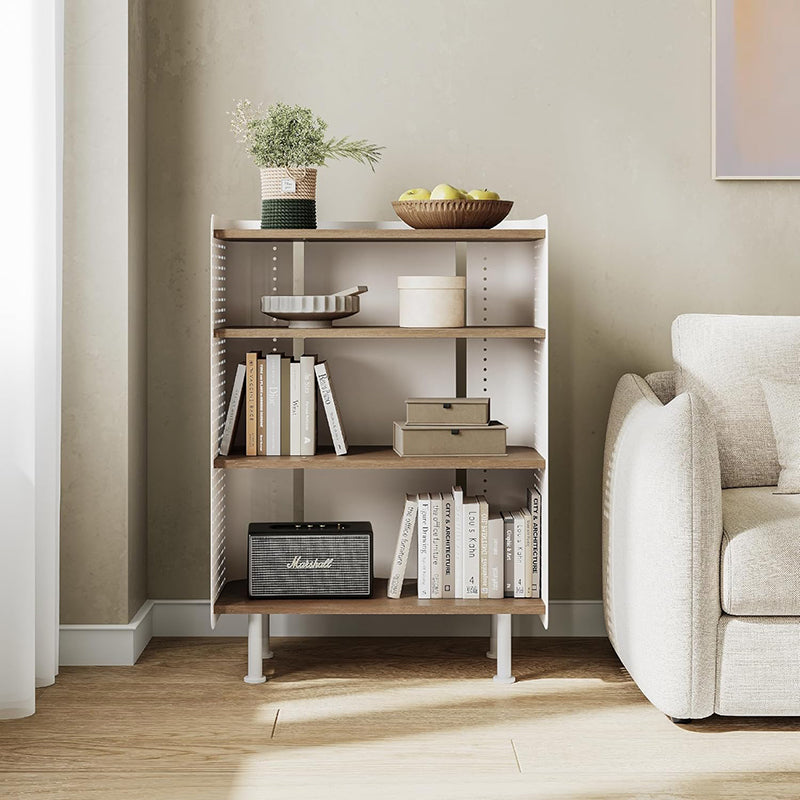 Zeitgenössisches nordisches rechteckiges Bücherregal aus Kohlenstoffstahl und massivem Holz mit mehrschichtigem Brett, 4-stufig, für das Arbeitszimmer 