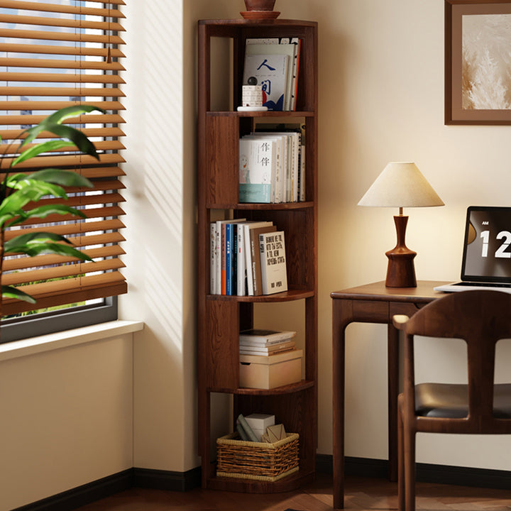 Bibliothèque d’angle de rangement en bois d’hévéa massif, design minimaliste moderne en forme d’éventail, à 3/4/5 niveaux pour bureau 