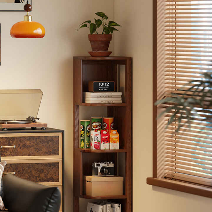 Modern Minimalist Fan-Shaped Solid Rubberwood Corner Storage Bookshelf 3/4/5-Tier For Study
