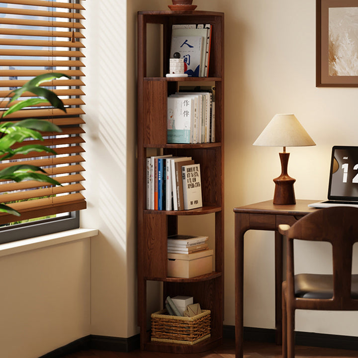 Modern Minimalist Fan-Shaped Solid Rubberwood Corner Storage Bookshelf 3/4/5-Tier For Study