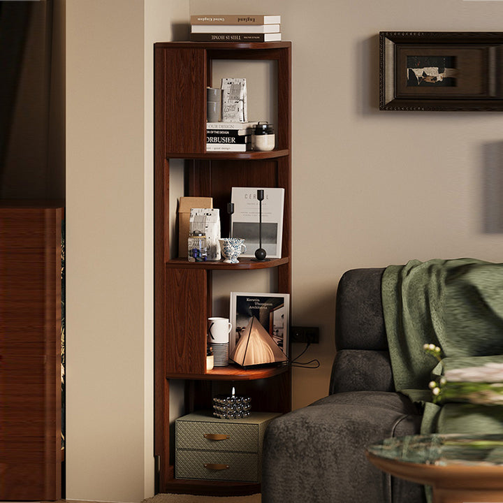 Bibliothèque d’angle de rangement en bois d’hévéa massif, design minimaliste moderne en forme d’éventail, à 3/4/5 niveaux pour bureau 