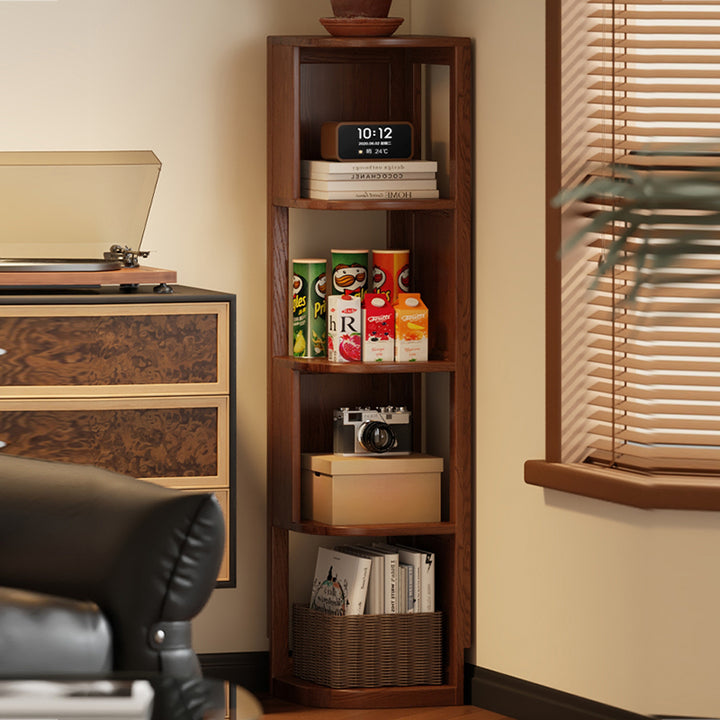 Modern Minimalist Fan-Shaped Solid Rubberwood Corner Storage Bookshelf 3/4/5-Tier For Study
