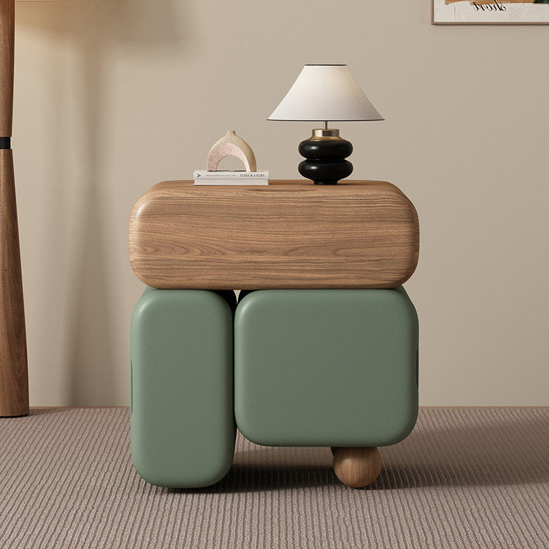Zeitgenössischer nordischer geometrischer Nachttisch aus massivem Holz mit kratzfestem Leder, 3 Schubladen für das Schlafzimmer 