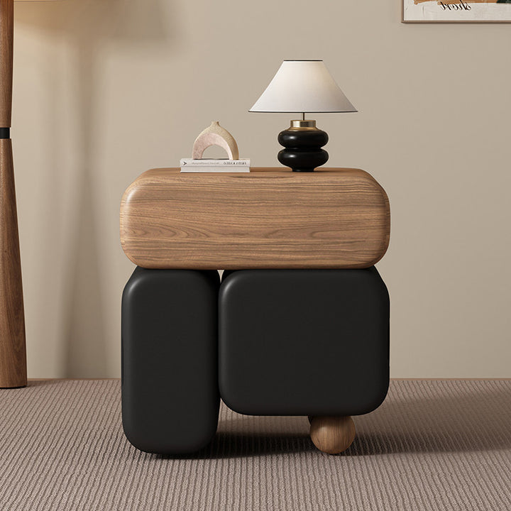 Zeitgenössischer nordischer geometrischer Nachttisch aus massivem Holz mit kratzfestem Leder, 3 Schubladen für das Schlafzimmer 