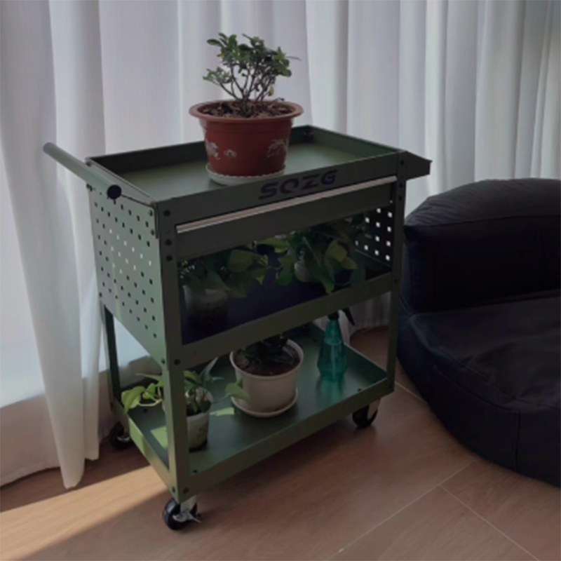 Contemporary Industrial Cold-Rolled Steel PP Plastic Rectangular Movable End Table 3-Tier For Living Room