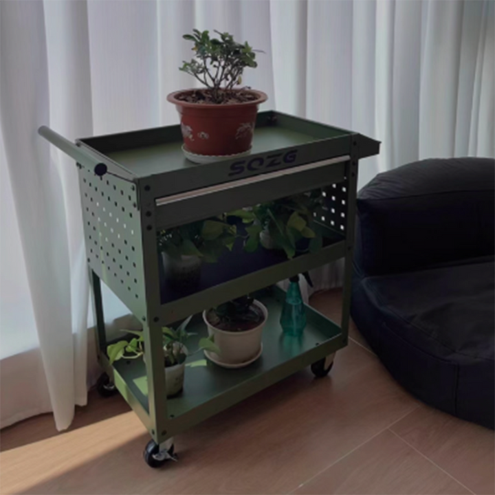 Contemporary Industrial Cold-Rolled Steel PP Plastic Rectangular Movable End Table 3-Tier For Living Room