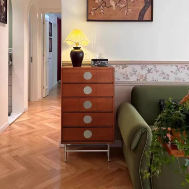 Contemporary Retro Stainless Steel Pine Wood Solid Wood Multi-Layer Board Rectangular Storage Cabinet 5-Drawer For Living Room