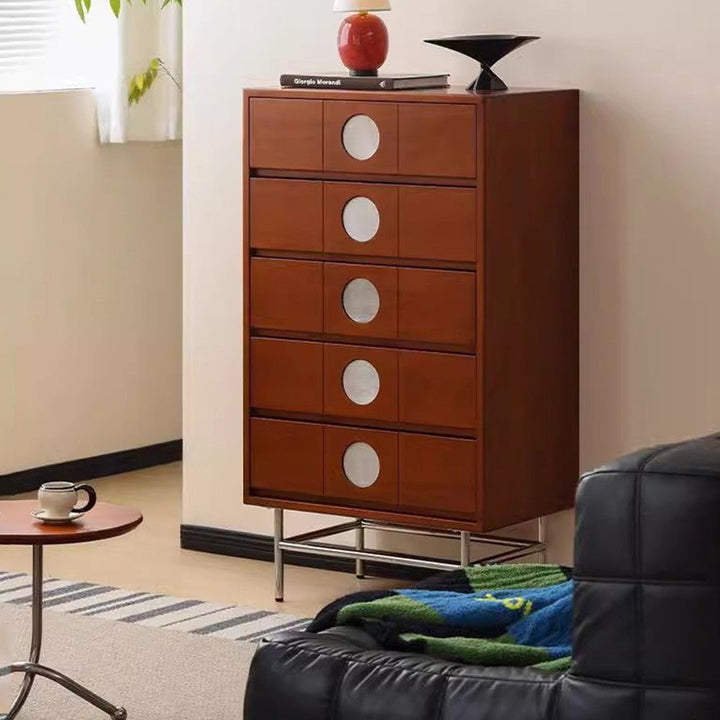 Contemporary Retro Stainless Steel Pine Wood Solid Wood Multi-Layer Board Rectangular Storage Cabinet 5-Drawer For Living Room
