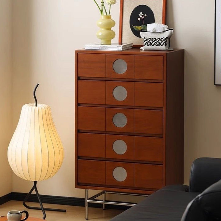 Contemporary Retro Stainless Steel Pine Wood Solid Wood Multi-Layer Board Rectangular Storage Cabinet 5-Drawer For Living Room