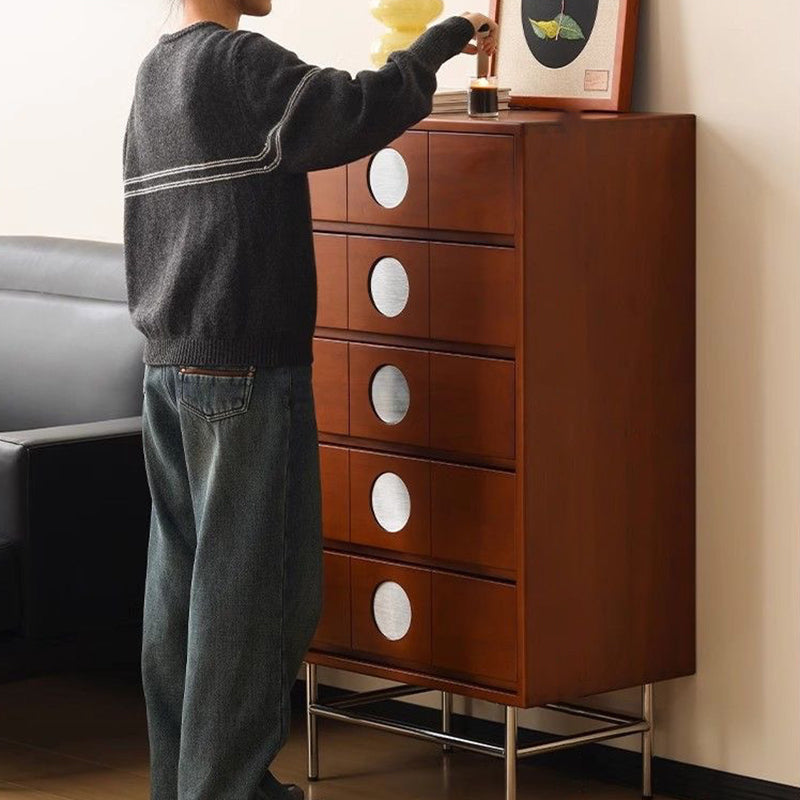Contemporary Retro Stainless Steel Pine Wood Solid Wood Multi-Layer Board Rectangular Storage Cabinet 5-Drawer For Living Room