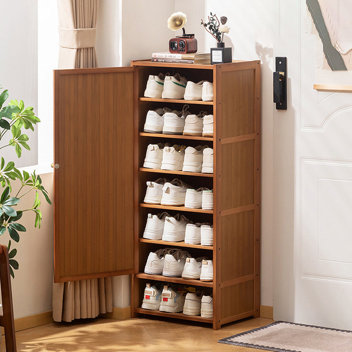 Armoire à chaussures de rangement multi-couches en panneau composite de bambou Nan de style chinois traditionnel, rectangulaire, 7/8 niveaux, pour entrée et couloir 