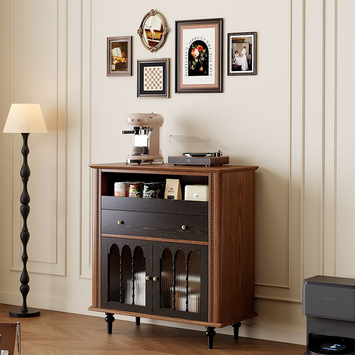 Traditional Vintage Rubberwood Striped Glass Pine Wood Solid Wood Multi-Layer Board Rectangular Sideboard 1-Drawer For Dining Room