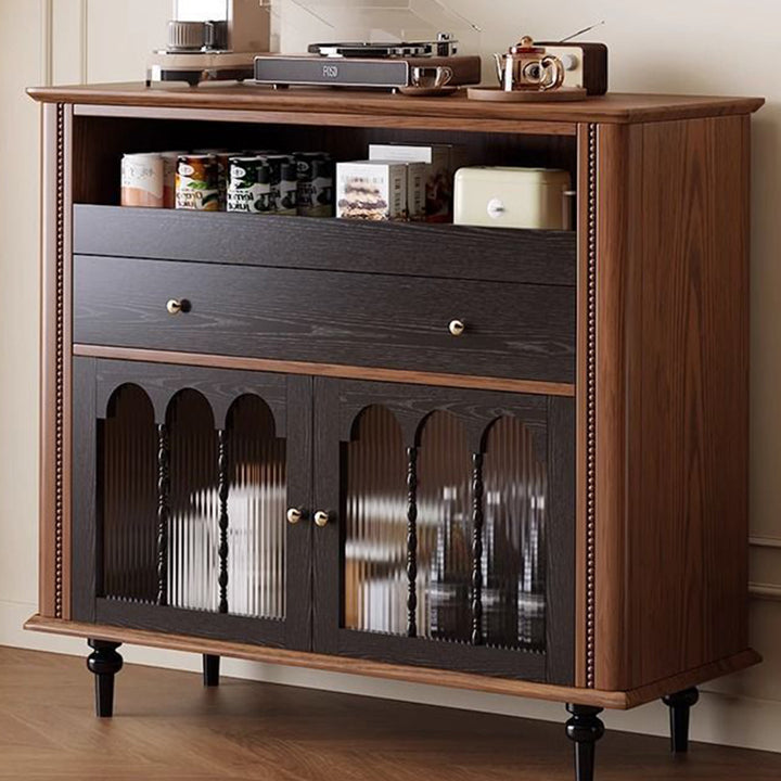 Traditional Vintage Rubberwood Striped Glass Pine Wood Solid Wood Multi-Layer Board Rectangular Sideboard 1-Drawer For Dining Room