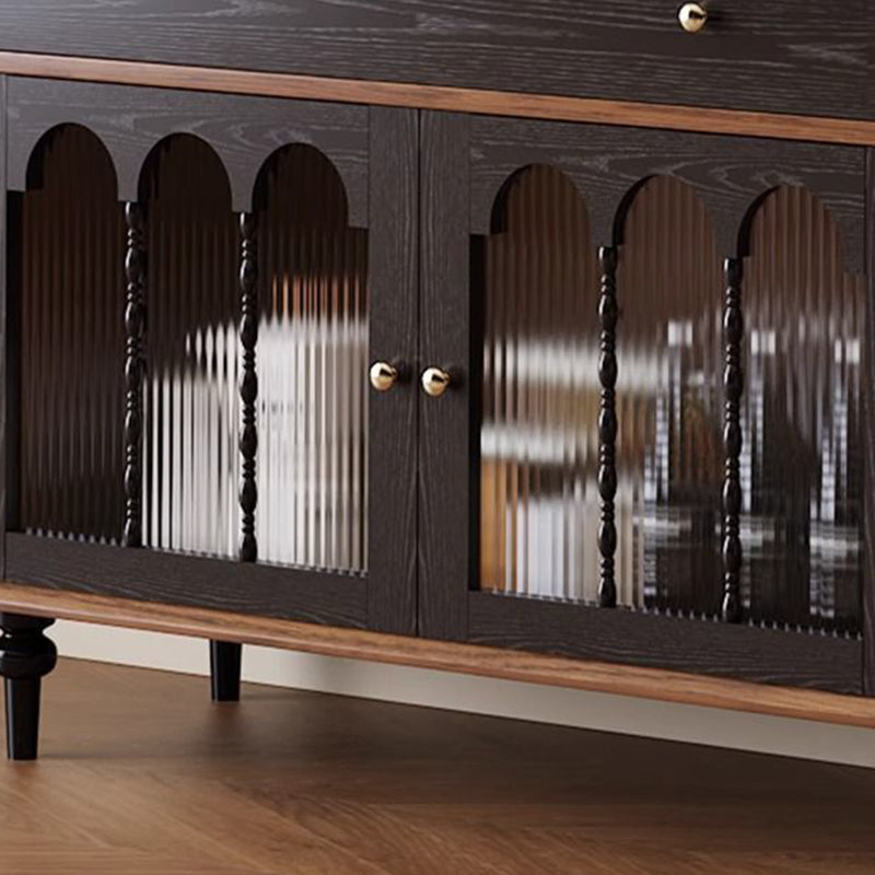 Traditional Vintage Rubberwood Striped Glass Pine Wood Solid Wood Multi-Layer Board Rectangular Sideboard 1-Drawer For Dining Room
