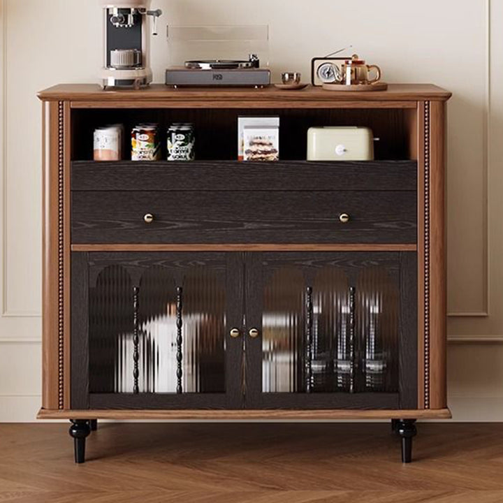 Traditional Vintage Rubberwood Striped Glass Pine Wood Solid Wood Multi-Layer Board Rectangular Sideboard 1-Drawer For Dining Room