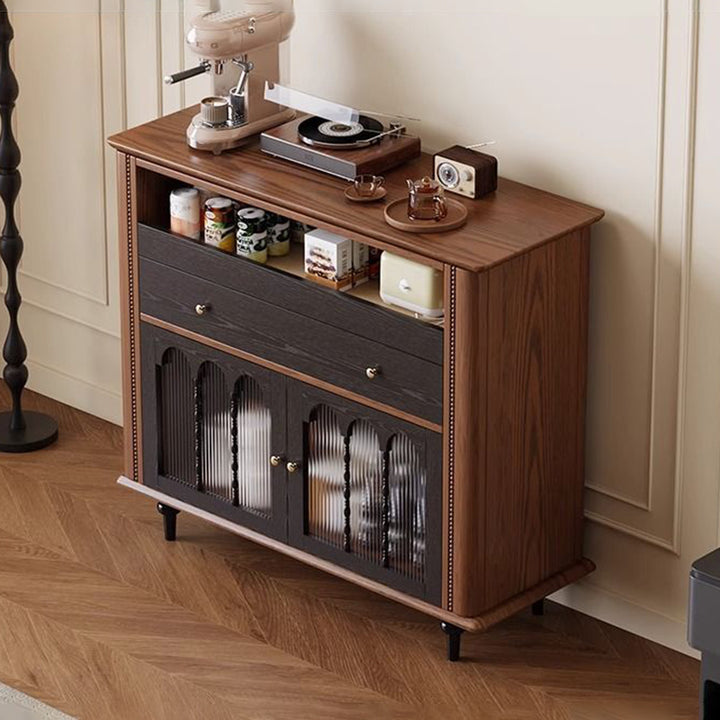 Traditional Vintage Rubberwood Striped Glass Pine Wood Solid Wood Multi-Layer Board Rectangular Sideboard 1-Drawer For Dining Room