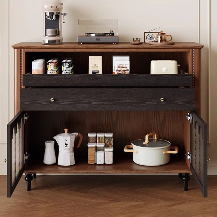 Traditional Vintage Rubberwood Striped Glass Pine Wood Solid Wood Multi-Layer Board Rectangular Sideboard 1-Drawer For Dining Room