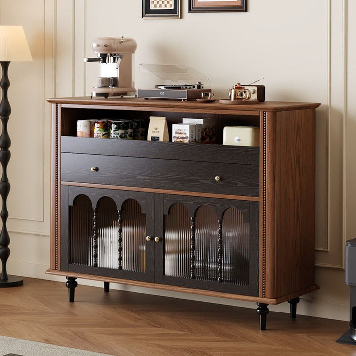 Traditional Vintage Rubberwood Striped Glass Pine Wood Solid Wood Multi-Layer Board Rectangular Sideboard 1-Drawer For Dining Room