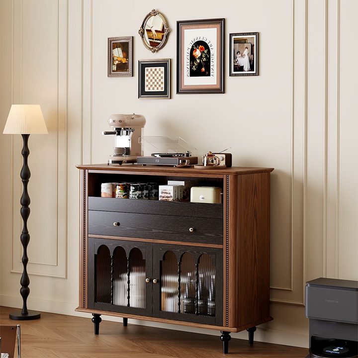 Traditional Vintage Rubberwood Striped Glass Pine Wood Solid Wood Multi-Layer Board Rectangular Sideboard 1-Drawer For Dining Room