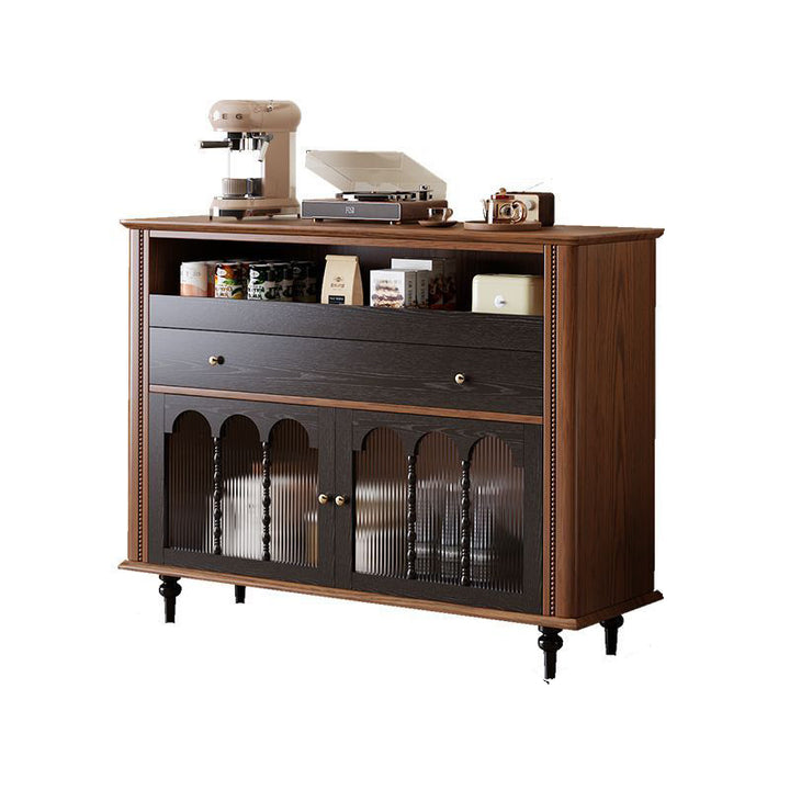 Traditional Vintage Rubberwood Striped Glass Pine Wood Solid Wood Multi-Layer Board Rectangular Sideboard 1-Drawer For Dining Room