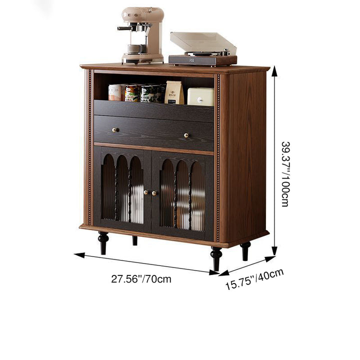 Traditional Vintage Rubberwood Striped Glass Pine Wood Solid Wood Multi-Layer Board Rectangular Sideboard 1-Drawer For Dining Room