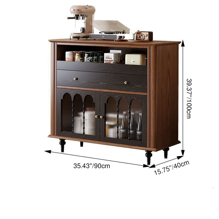 Traditional Vintage Rubberwood Striped Glass Pine Wood Solid Wood Multi-Layer Board Rectangular Sideboard 1-Drawer For Dining Room