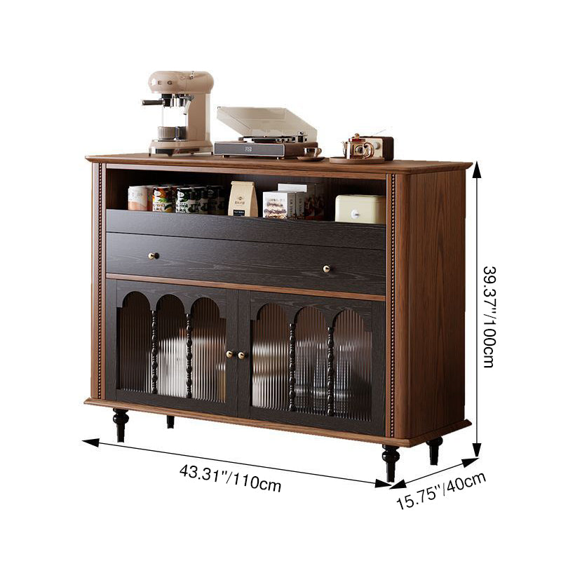 Traditional Vintage Rubberwood Striped Glass Pine Wood Solid Wood Multi-Layer Board Rectangular Sideboard 1-Drawer For Dining Room